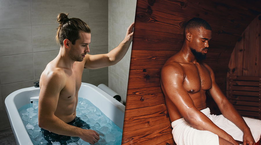 Split image showing two men using different recovery methods, with one using saunas and the other cold plunges.