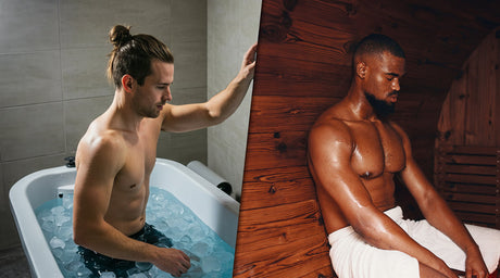 Split image showing two men using different recovery methods, with one using saunas and the other cold plunges.