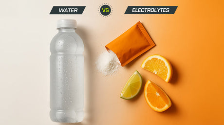 Comparison of water vs electrolytes: a clear plastic water bottle on a white background contrasts with an orange packet of powdered electrolytes, with slices of lime and orange, on an orange background.