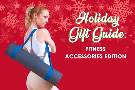 Woman carrying a rolled-up yoga mat over her shoulder with text overlay that reads ‘Holiday Gift Guide: Fitness Accessories Edition’ on a red snowflake background.