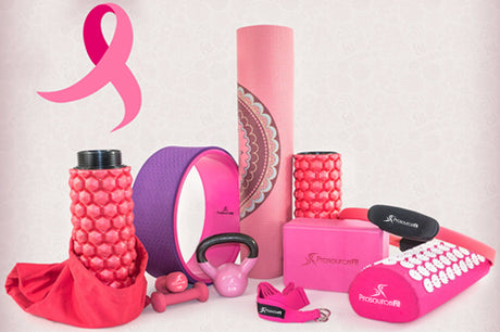 Prosourcefit pink foam roller, pink yoga wheel, pink dumbbell, pink vinyl coated kettlebell, satya yoga mat, pink foam yoga block, pink yoga strap, pink pilates resistance ring, pink acupressure mat