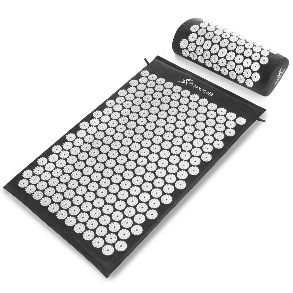 Black ProsourceFit acupressure mat and neck pillow set with white pressure points